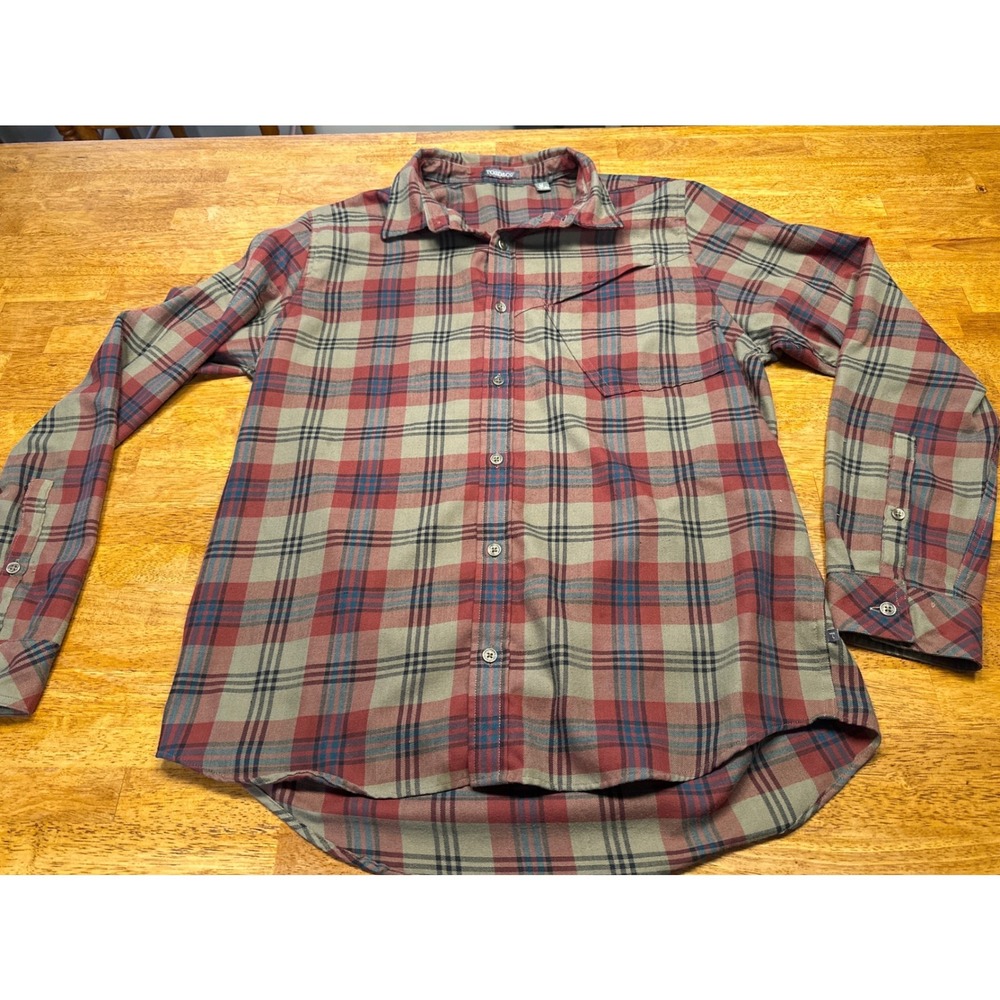 Toad&Co Mens Plaid Flannel Button Up Shirt Red Tan Blue Size Medium Pocket